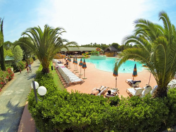 Una grande piscina circondata da lettini e ombrelloni, con palme e persone che si rilassano al sole.