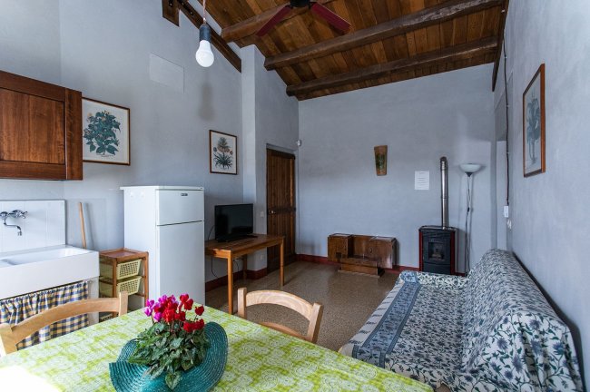 Soggiorno con divano, tavolo, frigorifero e TV su tavolo.