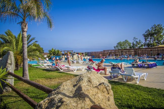 Persone prendono il sole su lettini a bordo piscina, circondati da palme e prato verde.