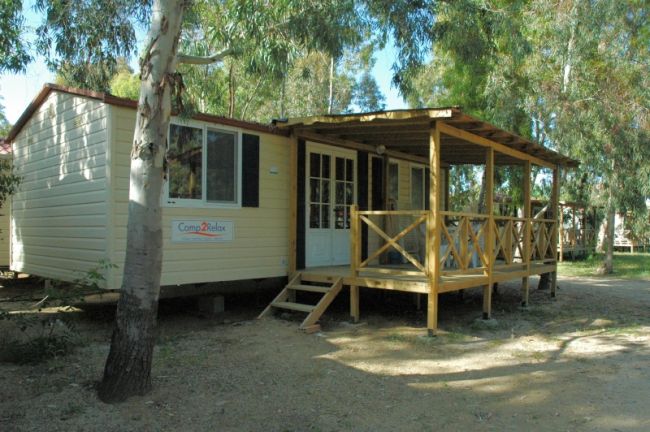 Casa mobile con veranda in legno, circondata da alberi.