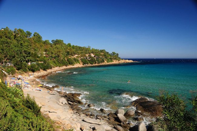 Una spiaggia rocciosa con mare blu e alberi.