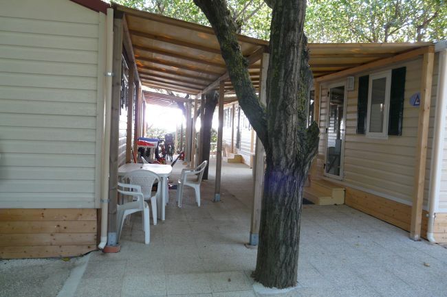 Area esterna di case mobili con sedie e tavolo sotto un pergolato, albero centrale.