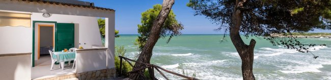 Terrazza con tavolo sul mare e ombreggiata da alberi.