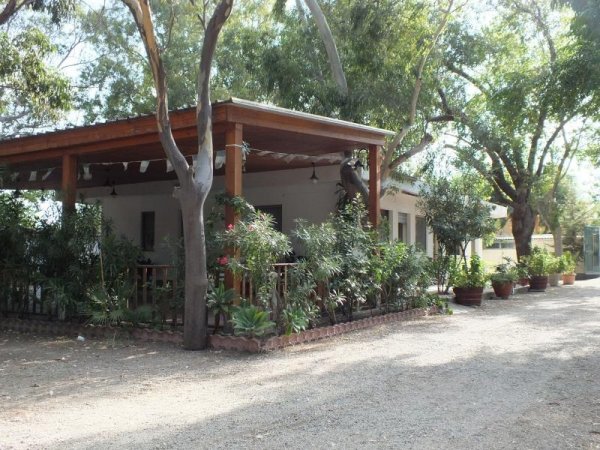 Un edificio con veranda circondato da piante verdi.
