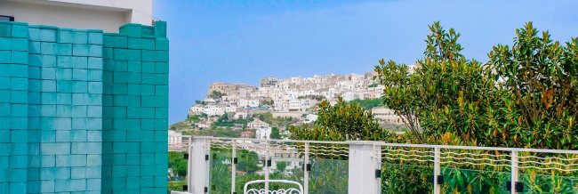 Vista città su collina, balaustra con muro blu.