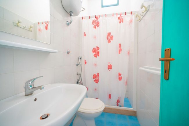 Bagno con doccia, lavabo e WC bianchi.