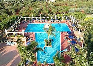 Piscina a forma di clessidra con pergolato e palme circostanti.