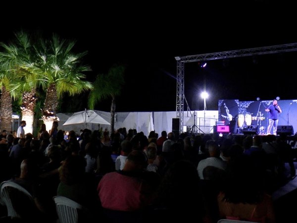 Spettacolo serale all'aperto con pubblico e palme illuminate.