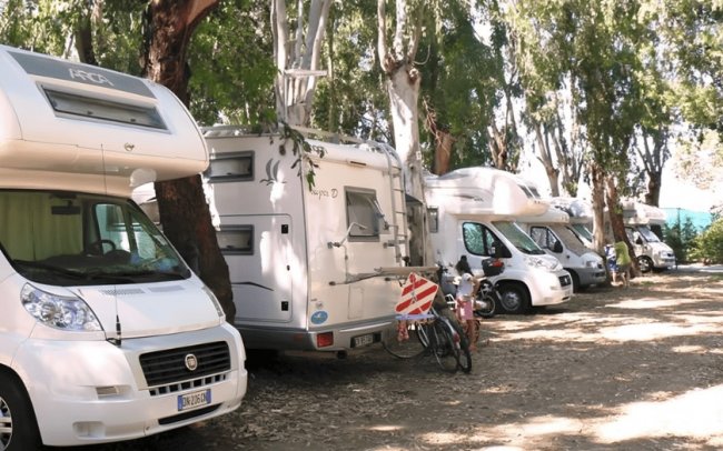Roulotte bianche parcheggiate sotto alberi in un'area di sosta.