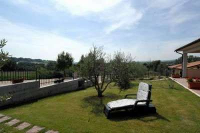 Sdraio su prato verde con alberi, recinzione e cielo limpido.