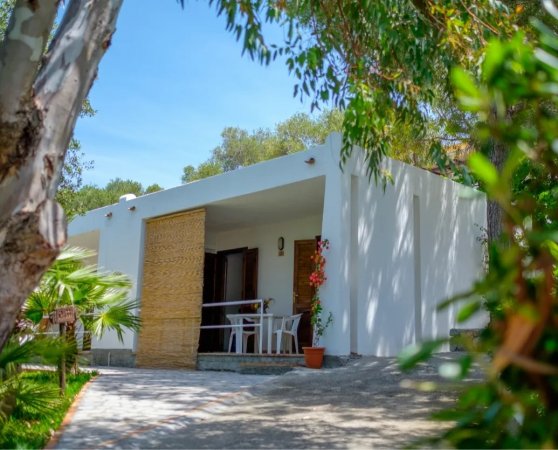Bungalow bianco in giardino verde.