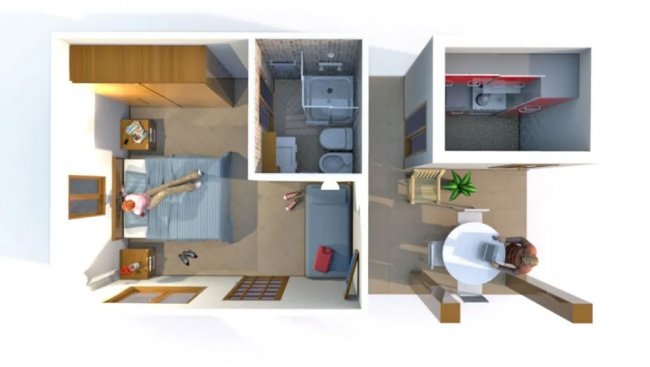 Disegno 3D di un appartamento con letto, bagno e cucina.