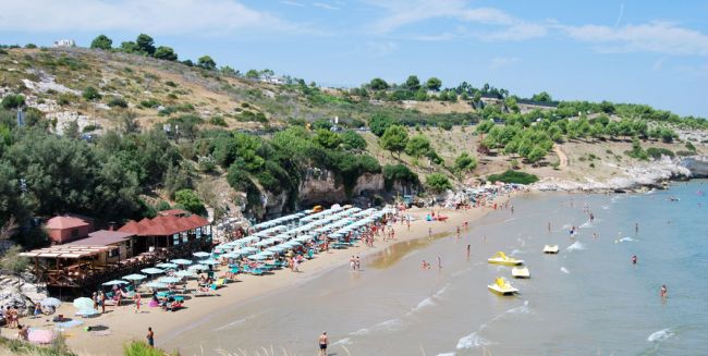 Spiaggia affollata con ombrelloni e colline verdi.