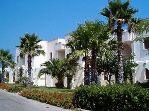 Edificio bianco con palme e cespugli in fiore lungo il marciapiede, sotto un cielo blu.