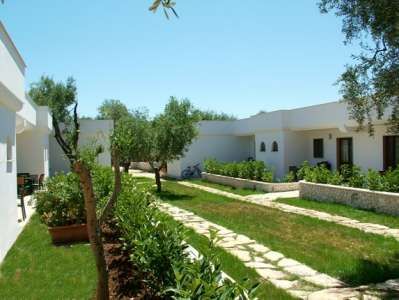 Cortile con case bianche, piante verdi e sentiero in pietra.