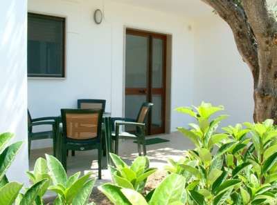 Veranda con tavolo e sedie nero, vista su giardino e albero.