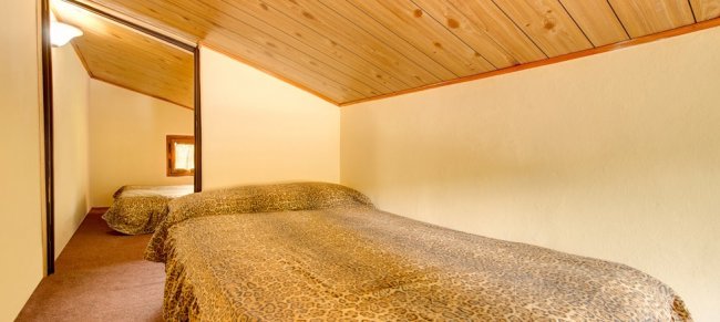 Camera con due letti singoli e soffitto in legno.