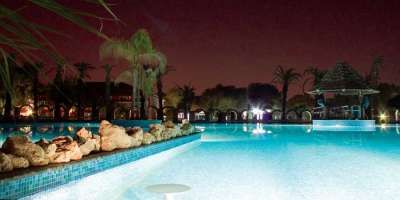 Piscina illuminata di notte, con palme e rocce decorative lungo il bordo.