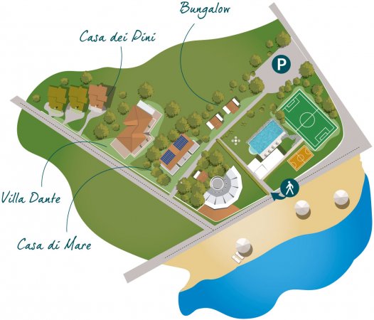 Mappa di un resort con bungalow, piscina, campi sportivi e accesso alla spiaggia.
