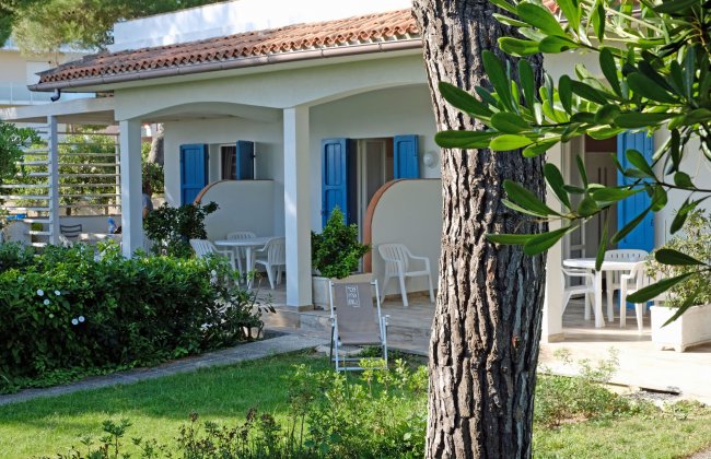 Una veranda con sedie bianche e finestre blu, circondata da alberi e giardino.