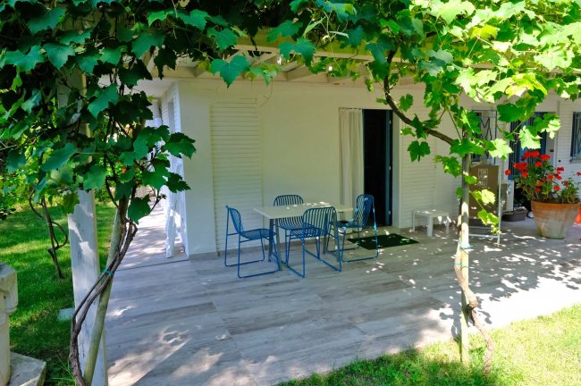 Terrazza esterna con tavolo, sedie blu e pergola verde, circondata da giardino.