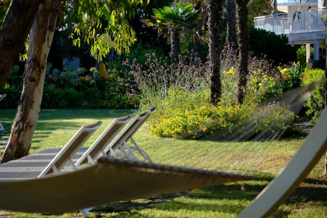 Hammock e sedie a sdraio su un prato curato con fiori e palme.