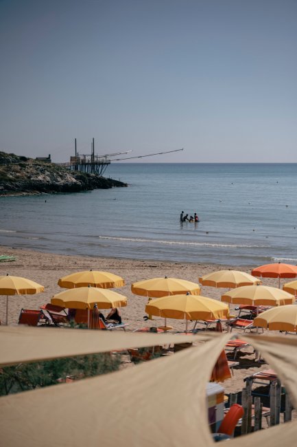 Spiaggia con ombrelloni gialli e mare calmo.