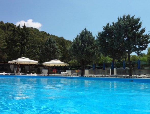 Piscina azzurra, circondata da alberi e ombrelloni bianchi.