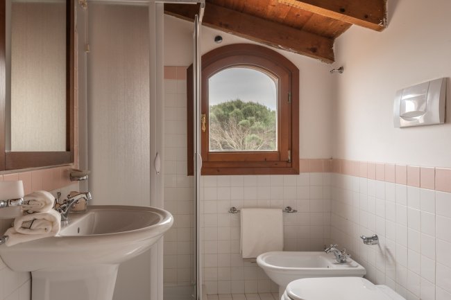 Bagno con doccia e finestra ad arco.