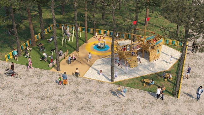 Parco giochi recintato con bambini e adulti.