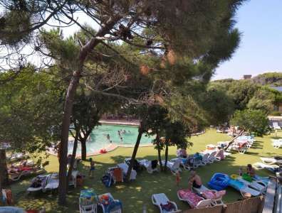 Una piscina esterna circondata da lettini e alberi, con persone che nuotano e prendono il sole.