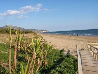 Una spiaggia sabbiosa con un percorso pedonale in legno e il mare sullo sfondo.
