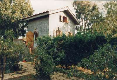 Casa a due piani con giardino, circondata da alberi e cespugli.