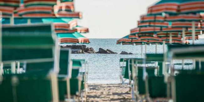 Ombrelloni verdi su spiaggia verso il mare.
