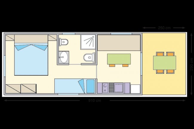 Planimetria di una casa mobile con stanza e cucina.