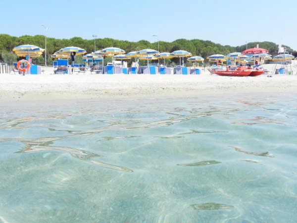Spiaggia con ombrelloni giallo-blu e mare trasparente.