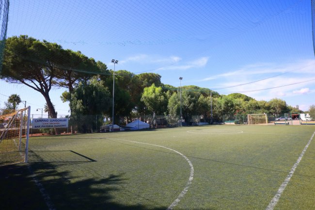 Un campo da calcio sotto un cielo azzurro.