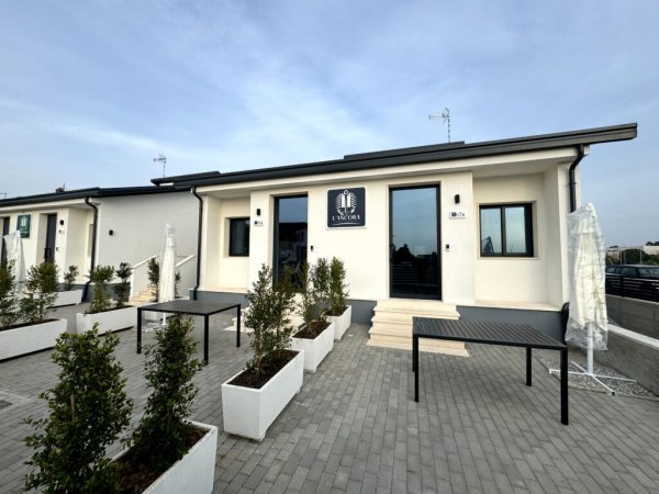 Edificio esterno con piante in fioriere quadrate.