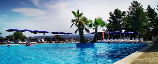 Piscina diurna con palme centrali e lettini.