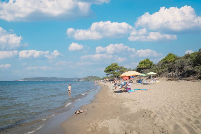 Una spiaggia con sabbia, mare calmo e ombrelloni colorati sotto un cielo azzurro.