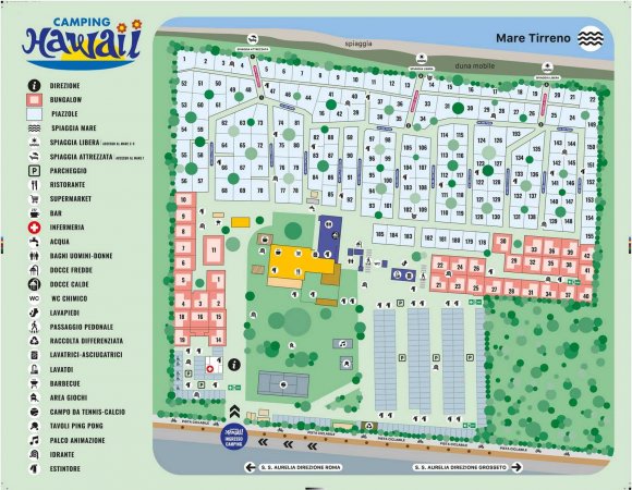 Mappa del campeggio Hawaii con piazzole, strutture e la spiaggia vicina.