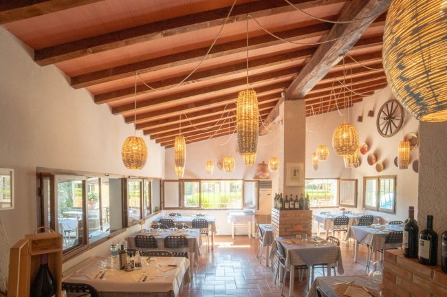 Interno di un ristorante luminoso con soffitto in legno, lanterne e tavoli apparecchiati.