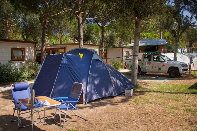 Tenda blu vicino a un'auto decorata e una casa mobile.