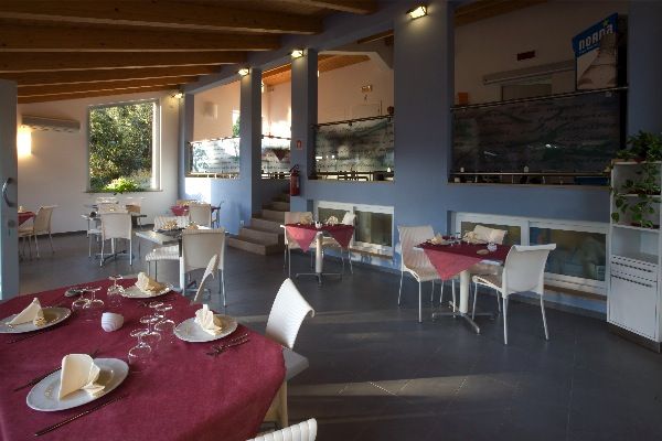 Ristorante elegante con tavoli apparecchiati con tovaglie rosse e sedie bianche.