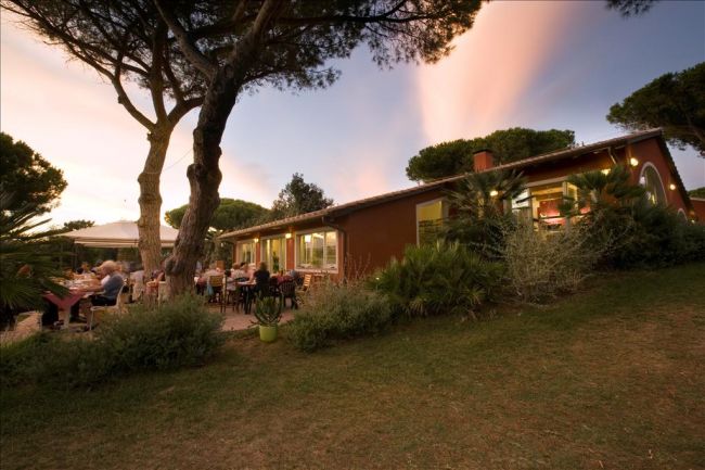 Persone sedute all'aperto vicino a un edificio in un giardino con alberi e cespugli al tramonto.