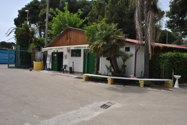 Un edificio con entrata verde e una panchina, circondato da piante.