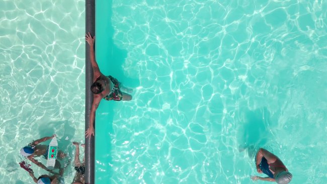 Persone nuotano in una piscina vista dall'alto.