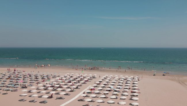 Spiaggia sabbiosa con ombrelloni e mare.
