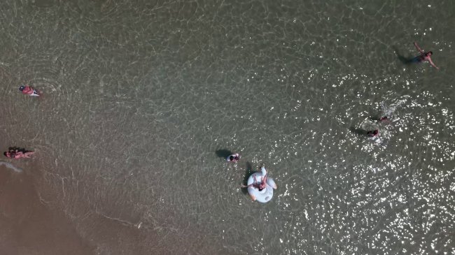 Persone nuotano in mare viste dall'alto.