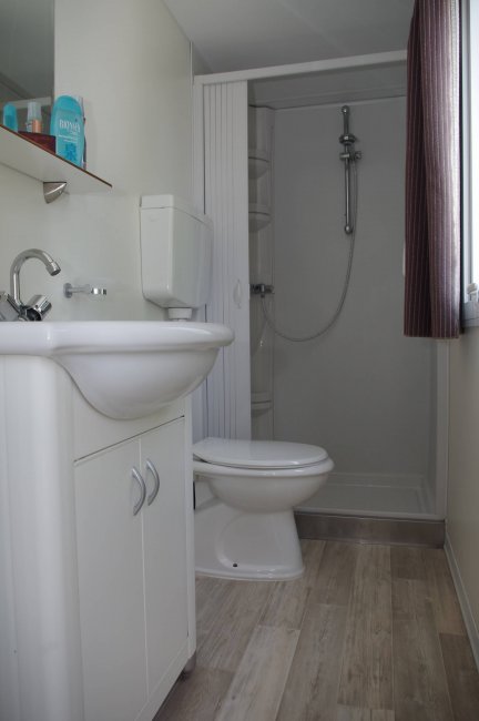 Bagno con lavabo, doccia e WC, pavimento in legno chiaro.